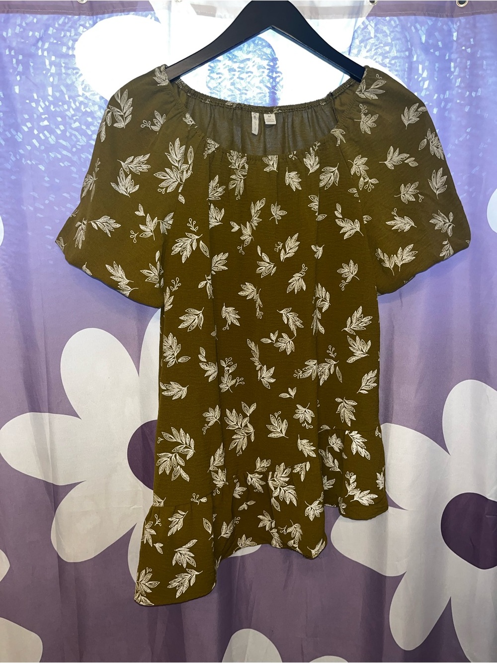 Cato Olive Green Floral Short Sleeve Peasant Blouse